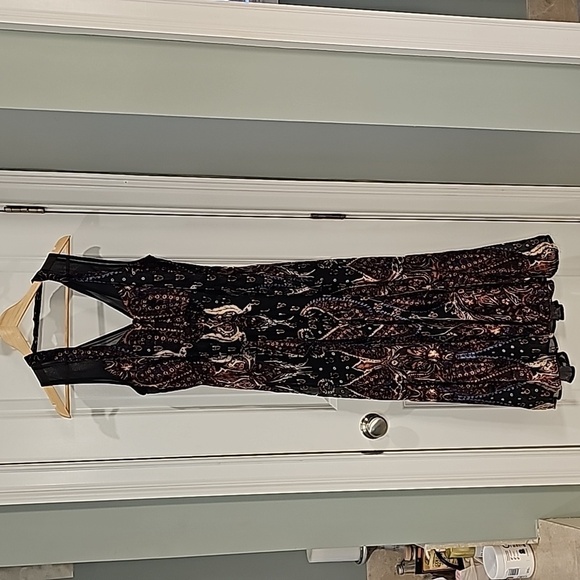 Free People Black & Brown Printed Hands To Hold Front Slit Velvet Maxi Dress-2 - Picture 5 of 12